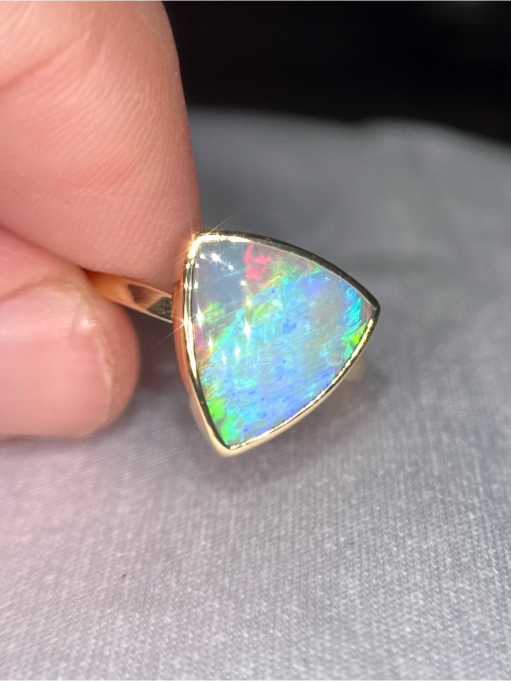 14k Gold Australian Opal Triangle Ring — Multi-Color Opal Accent